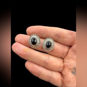 Vintage Sterling Silver Onyx Concho Post Earrings Sterling Concho Earrings